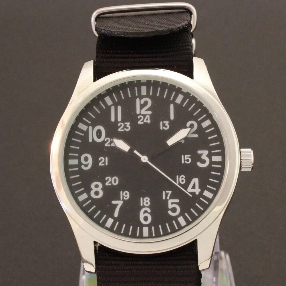 Men's Quartz Field Watch Silver Tone Case Black Military Strap 42mm
